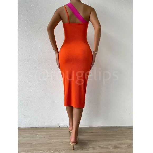 2 Tone Hot Pink Orange One Shoulder Asymmetrical Bodycon Dress Midi Ribbed - Picture 3 of 12